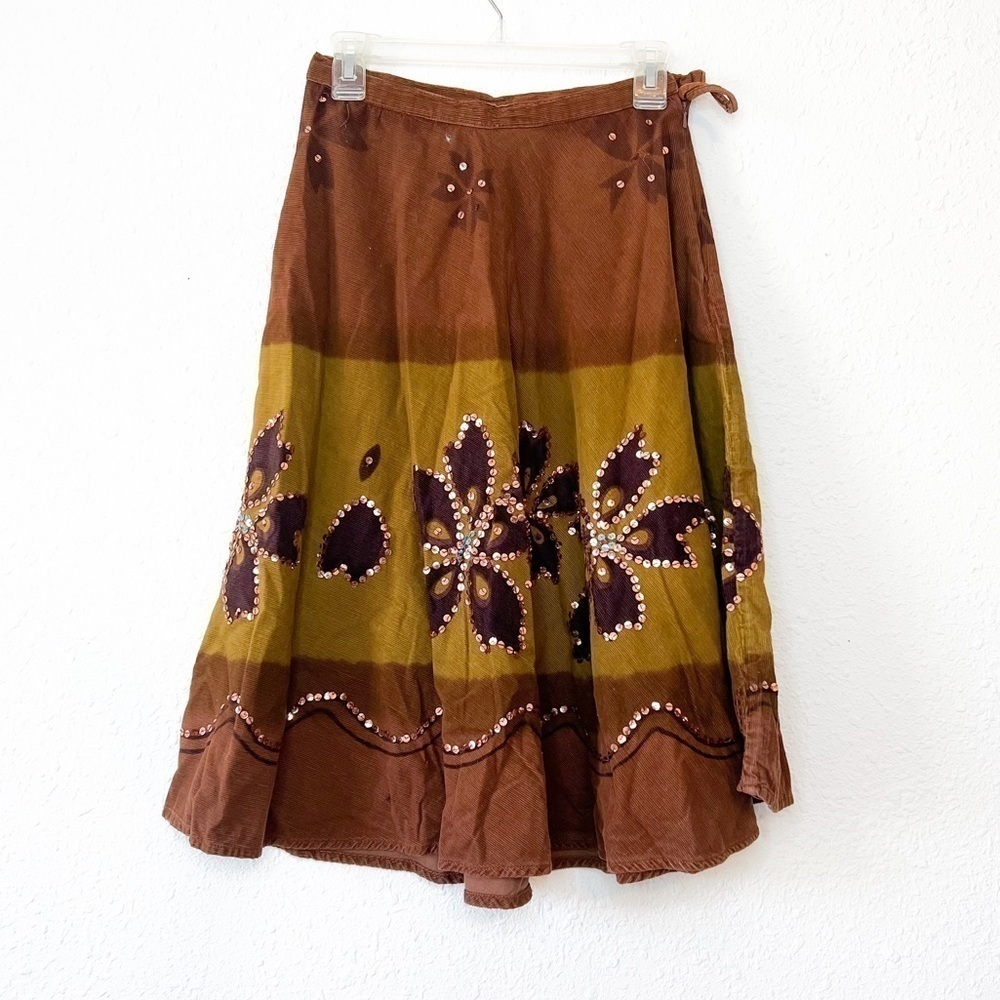 Y2K Wet Seal Corduroy Sequin Floral Midi Skirt Small